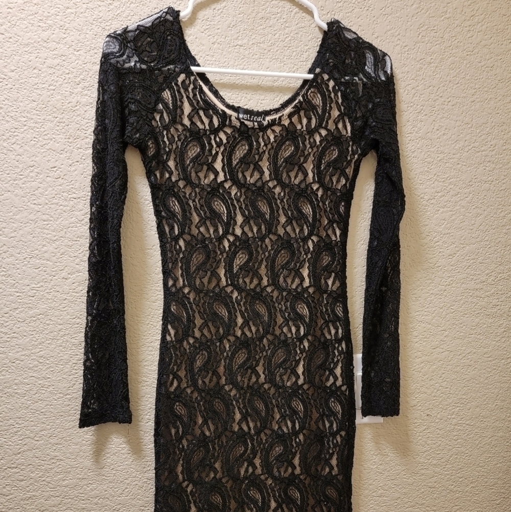 Wet Seal long sleeve black and nude lace dress size small